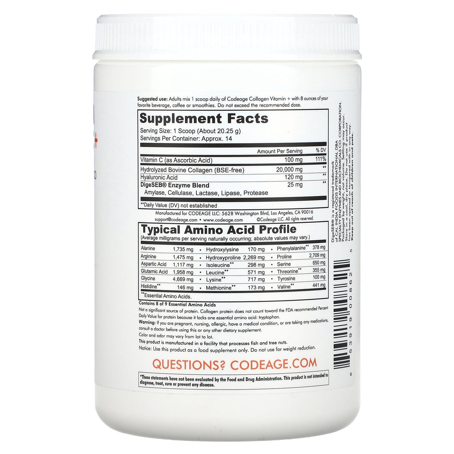 Codeage, Collagen Vitamin C + Powder, Hydrolyzed Collagen, Vitamin C, Hyaluronic Acid, Unflavored, 9.98 oz (283 g) UPC 853919008625 | HiLife Vitamins