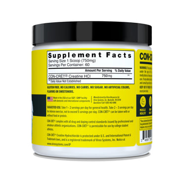 Con-Cret, Creatine HCl Powder, 750mg, Unflavored, 1.59 oz (45 g) UPC 349597001886 | Hilife Vitamins