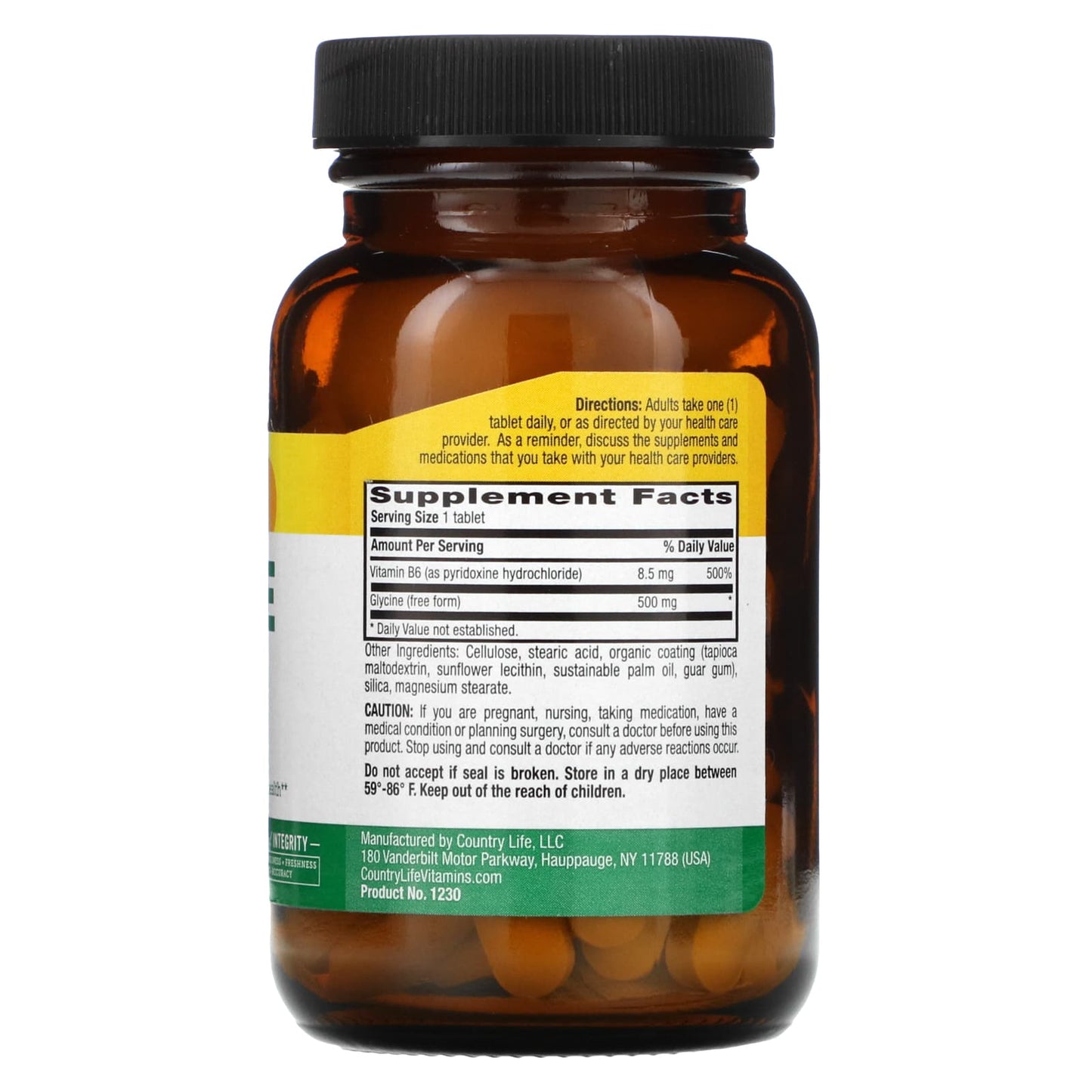 Country Life, GLYCINE 500 mg W/B-6, 100 Tablets UPC 015794012306 | Hilife Vitamins