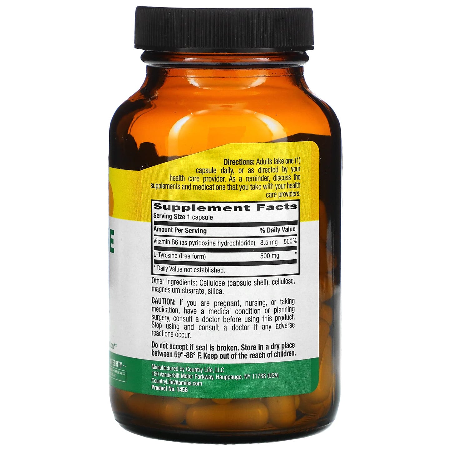 Country Life, L-Tyrosine Caps 500 Mg W/B-6, 100 Capsules UPC 015794014560 | Hilife Vitamins