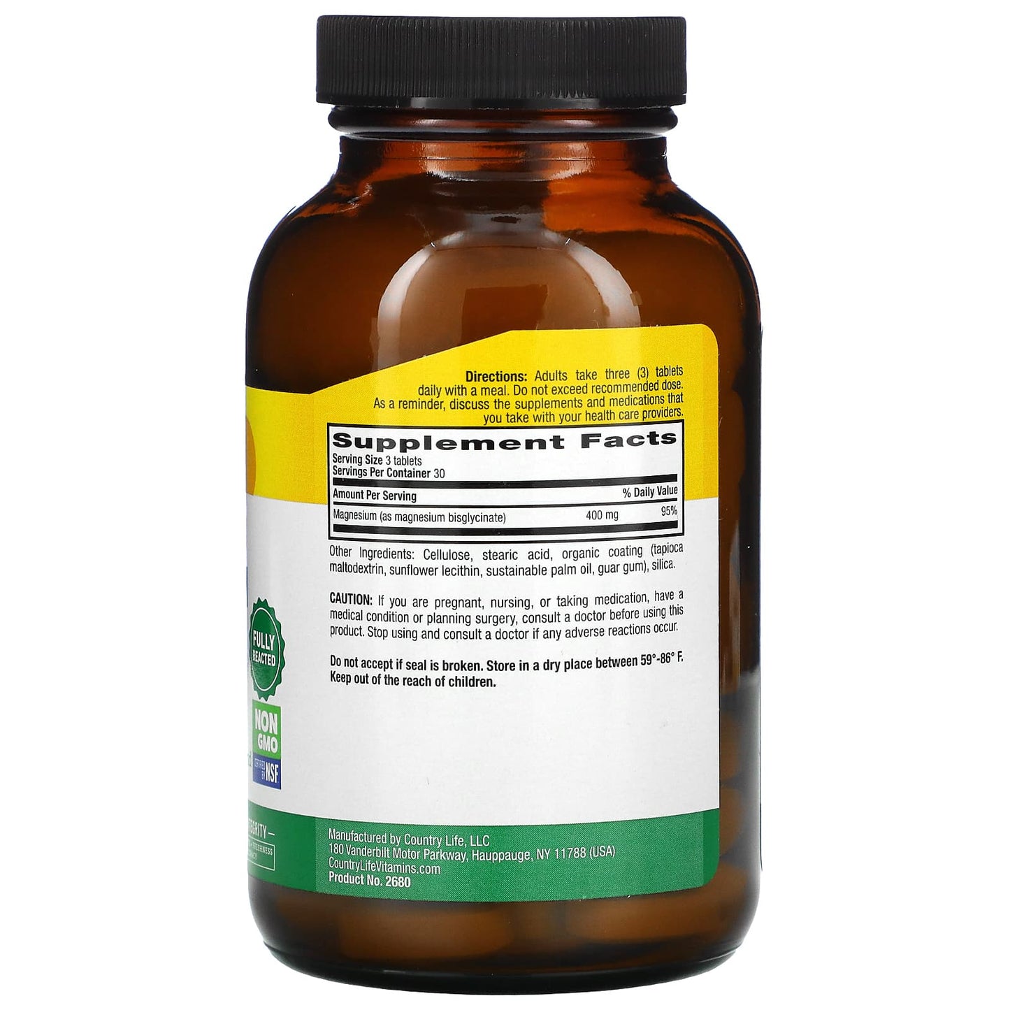 Country Life, Magnesium Glycinate, Chelated, 400 mg, 90 Tablets UPC 015794026808 | Hilife Vitamins
