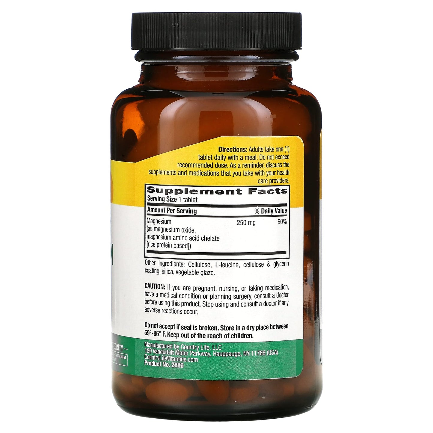 Country Life, Chelated Magnesium, 250 mg, 180 Tablets UPC 015794026860 | Hilife Vitamins