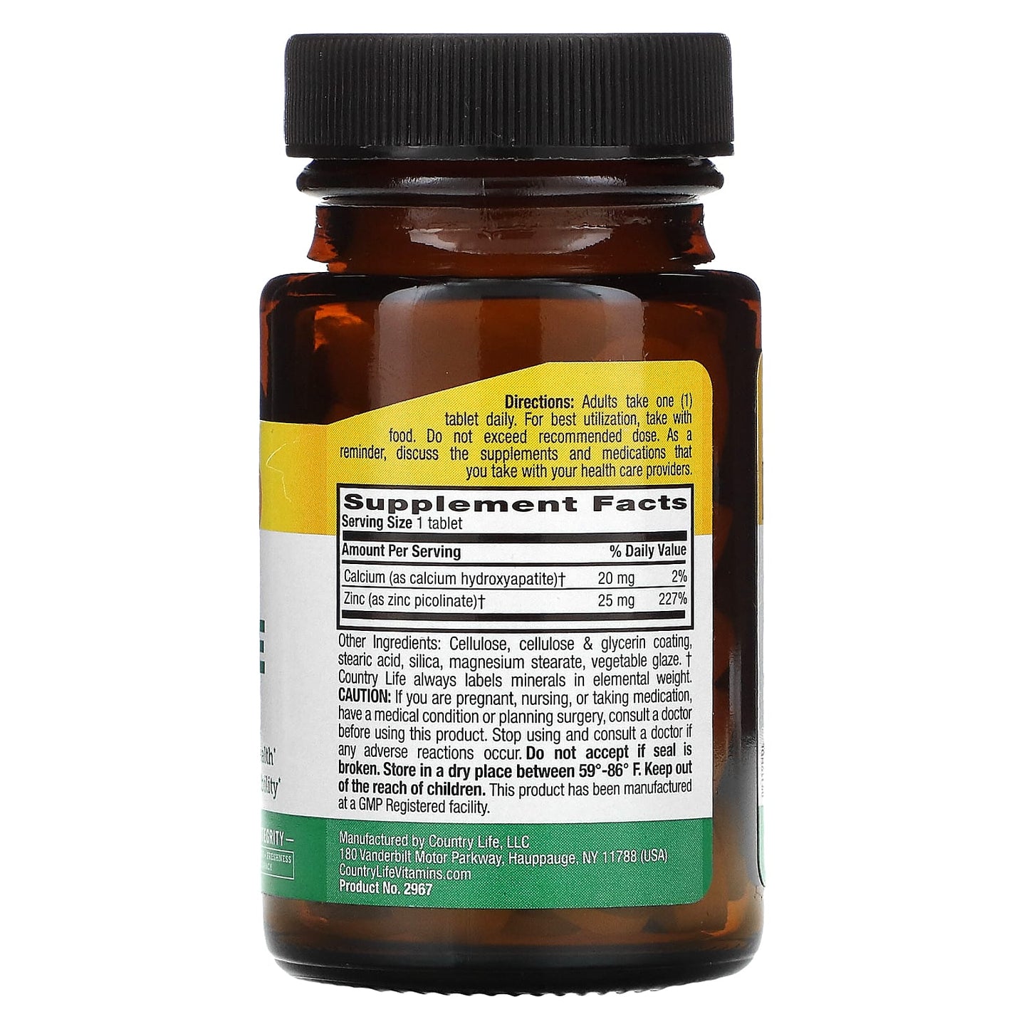 Country Life, Zinc Picolinate 25 mg 100, 100 Tablets UPC 015794029670 | Hilife Vitamins