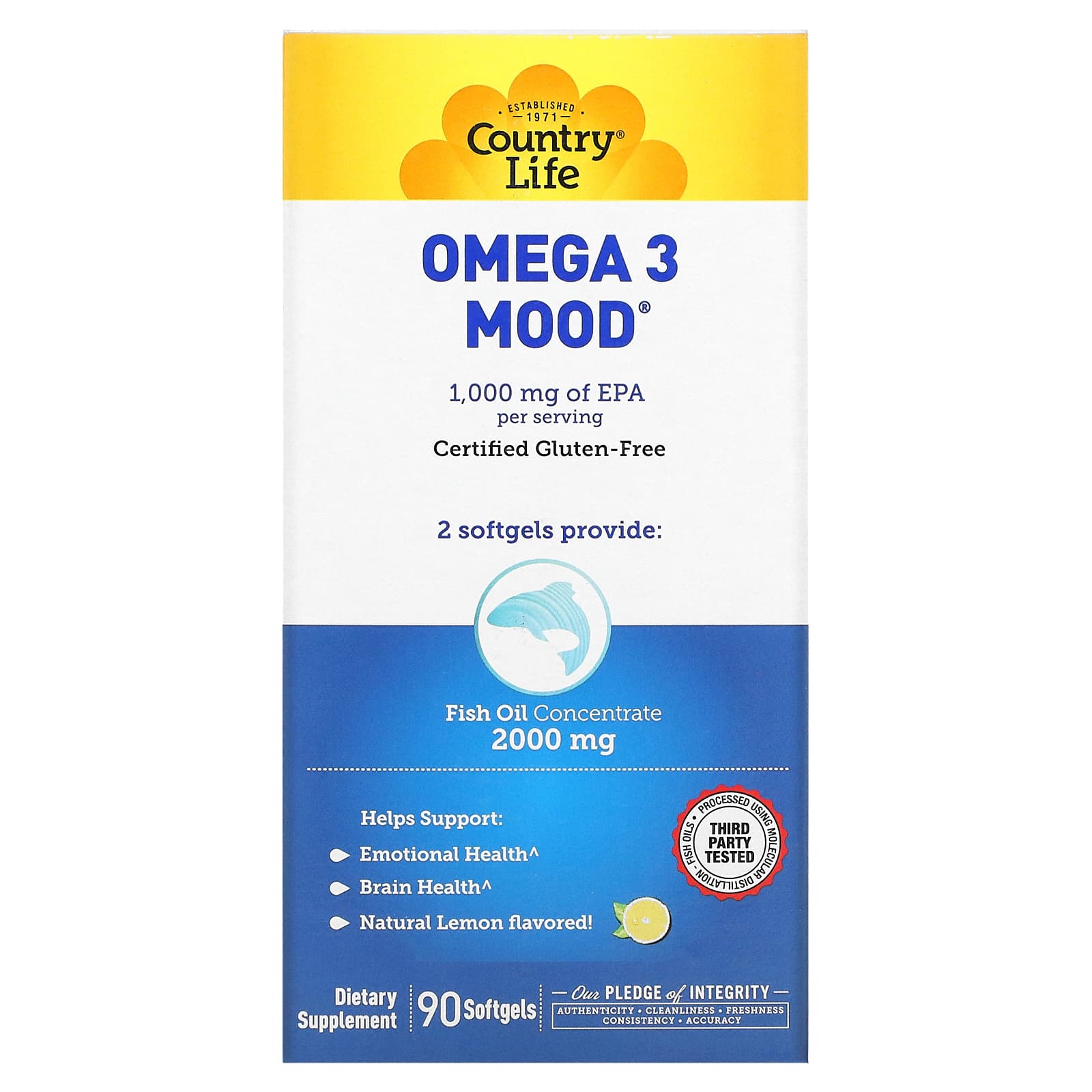 Country Life, Omega 3 Mood, 1,000 mg EPA, Natural Lemon, 90 Softgels UPC 015794041207 | Hilife Vitamins