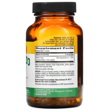 Country Life, Vitamin D3, 62.5 mcg, (2,500 I.U.), 200 Softgels UPC 015794058052 | Hilife Vitamins