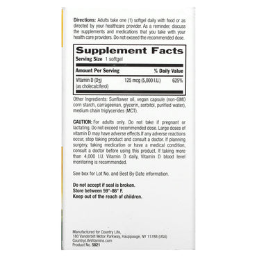 Country Life, D3 Vegan 5000 Iu, 60 Vegan Softgels UPC 015794058212 | Hilife Vitamins
