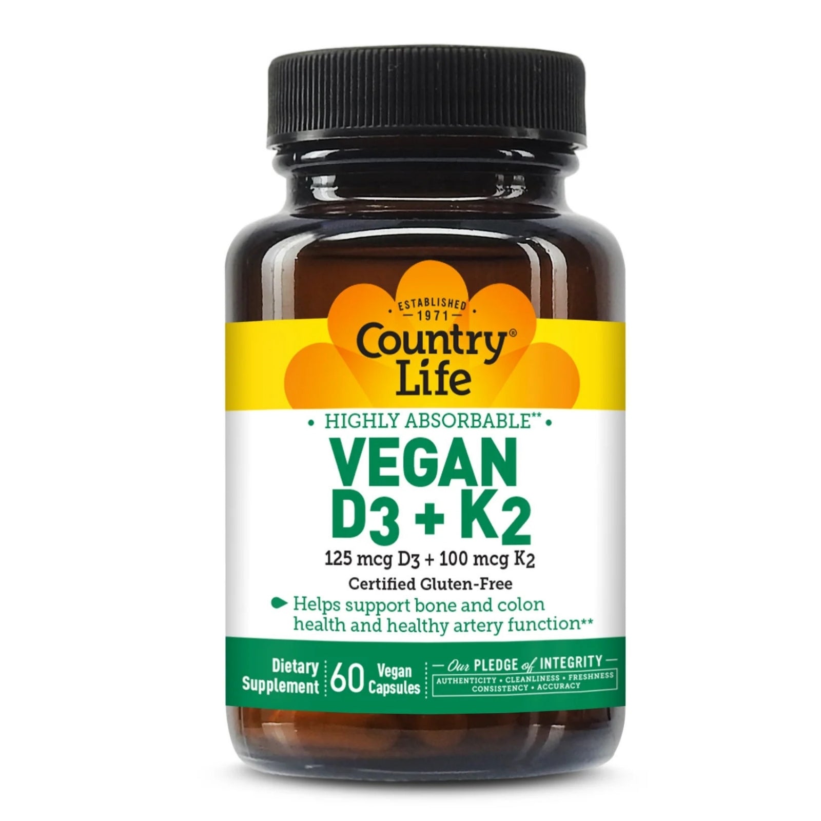 Country Life, Vegan D3 + K2, 60 Vegan Capsules UPC 015794080176 | Hilife Vitamins