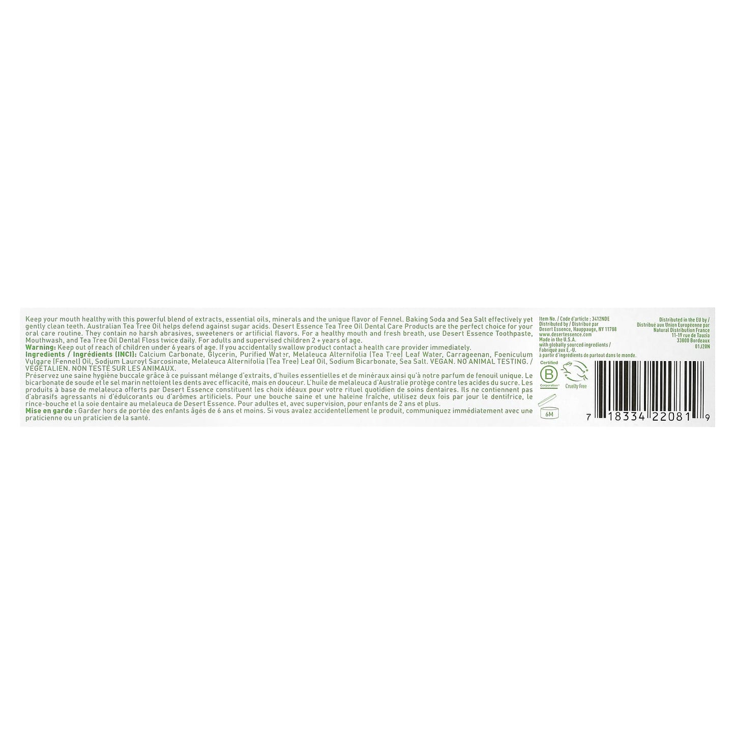 Desert Essence, Toothpaste Tea Tree Fennel-Propolis, 7 Oz UPC 718334220819 | Hilife Vitamins