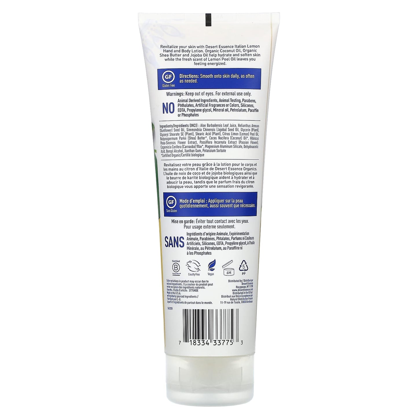 Desert Essence, Hand & Body Lotion Italian Lemon, 8 Oz UPC 718334337753 | Hilife Vitamins