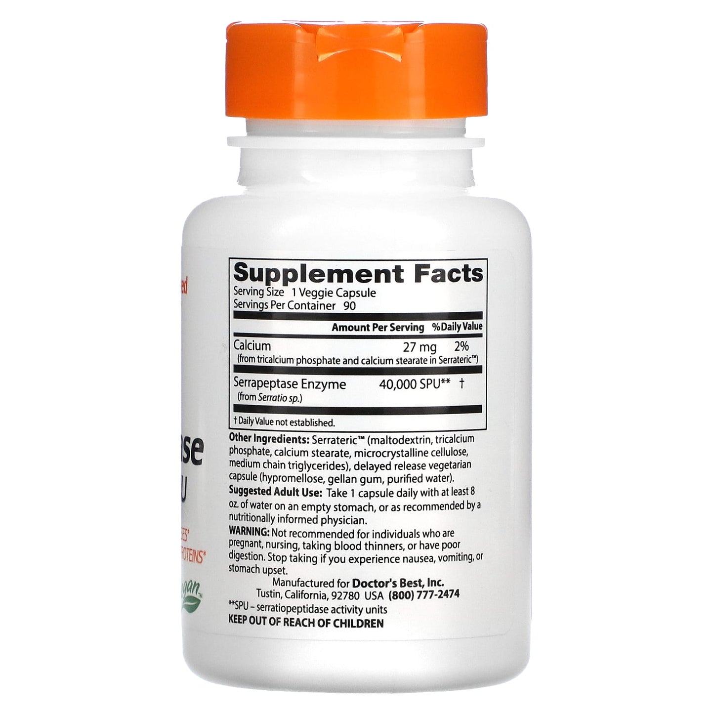 Doctor’s Best, Serrapeptase, 40,000 SPU, 90 Capsules UPC 753950001497 | HiLife Vitamins