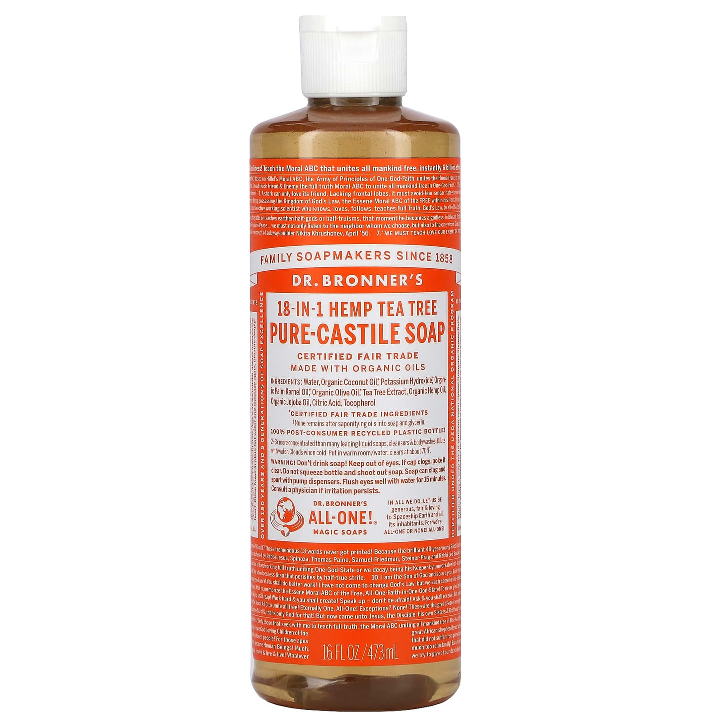 Dr. Bronner’s, Organic Castile Liquid Soap Tea Tree, 16 Oz UPC 018787769164 | Hilife Vitamins