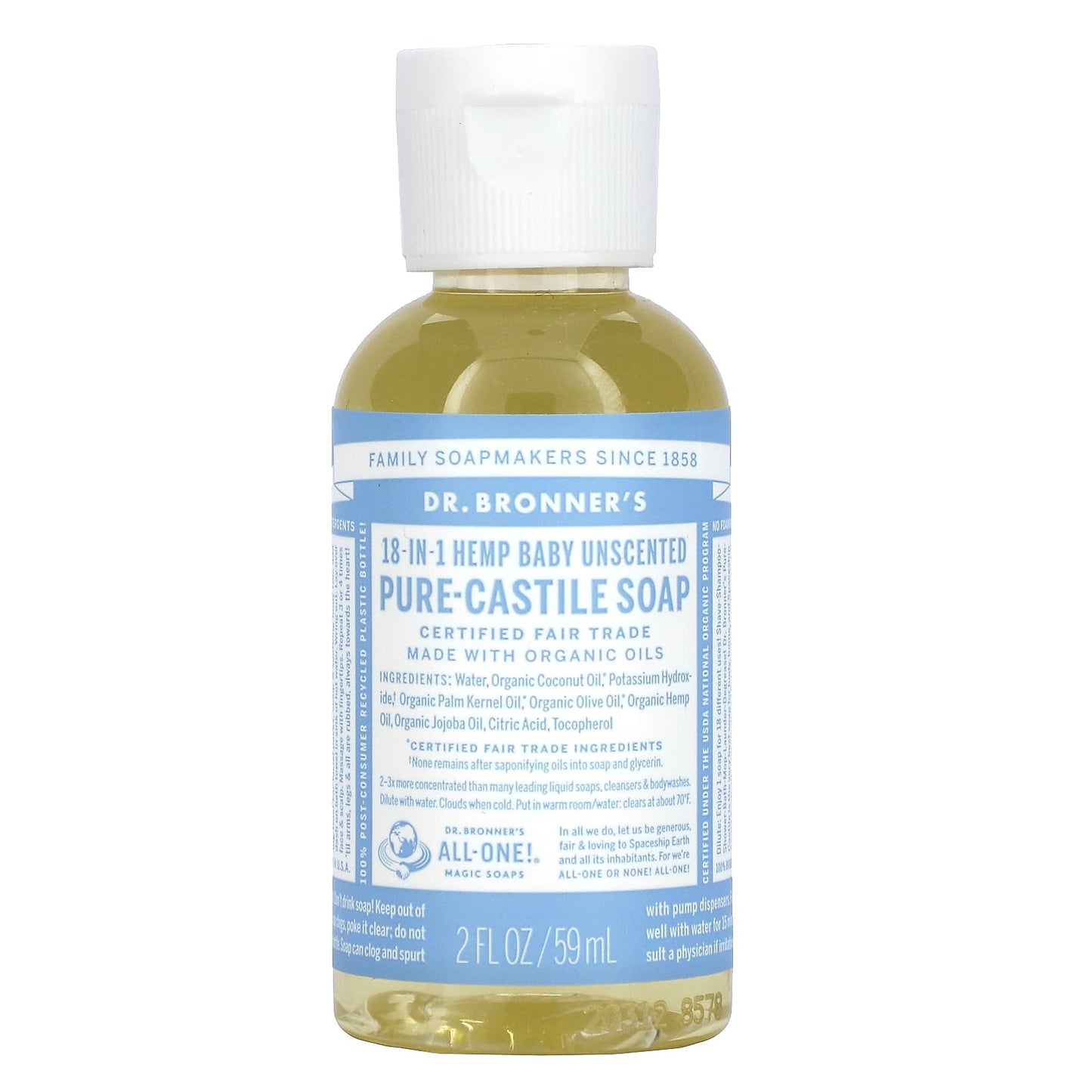 Dr. Bronner’s, Organic Castile Liquid Soap Baby Mild, 2 Oz Liquid UPC 018787772027 | HiLife Vitamins