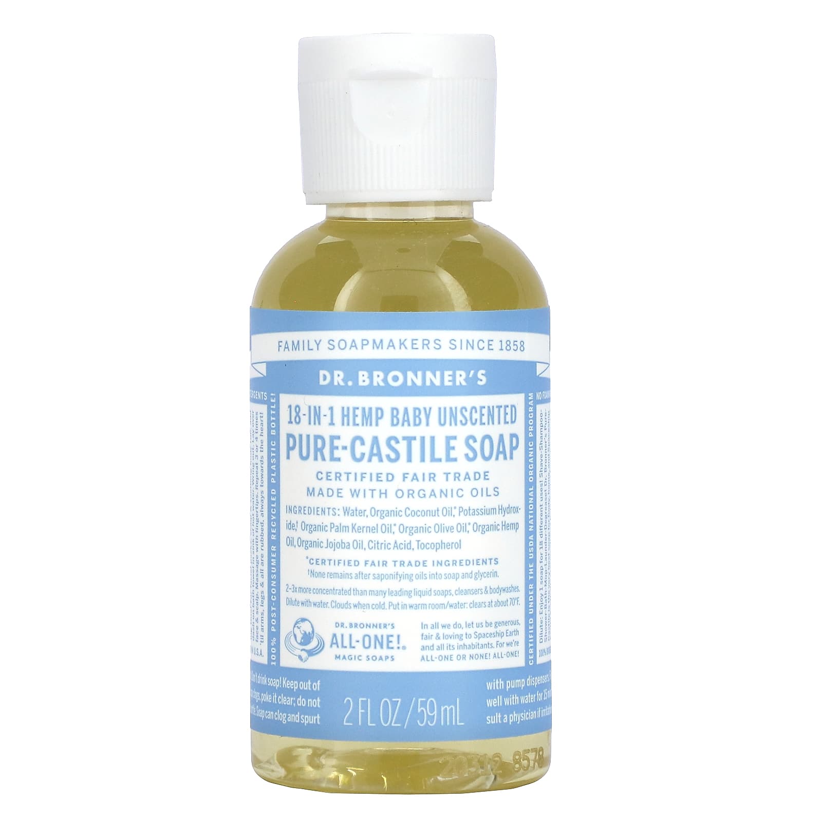 Dr. Bronner’s, Organic Castile Liquid Soap Baby Mild, 2 Oz Liquid UPC 018787772027 | HiLife Vitamins