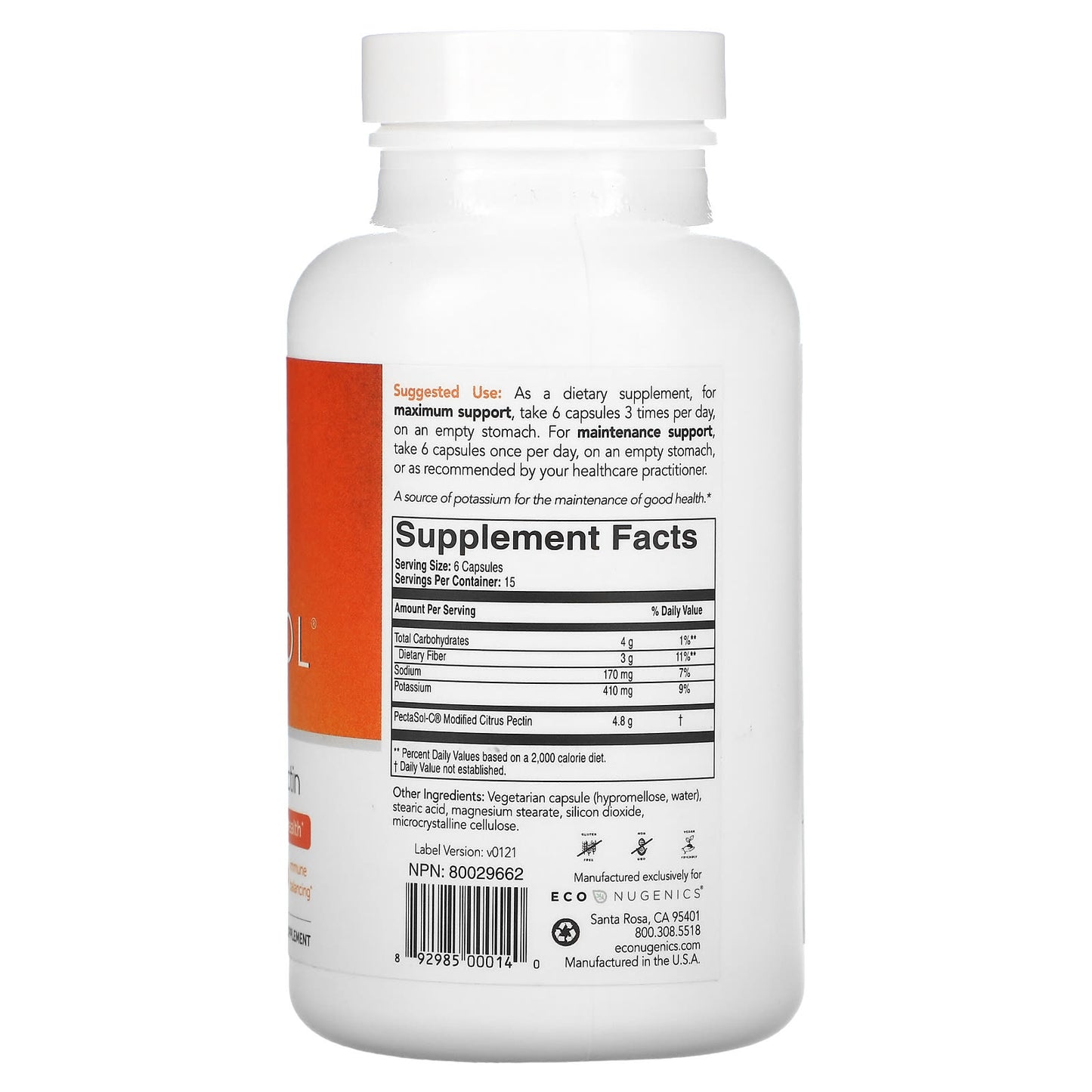 Econugenics, PectaSol-C Modified Citrus Pectin, 90 Vegetarian Capsules UPC 892985000140 | HiLife Vitamins