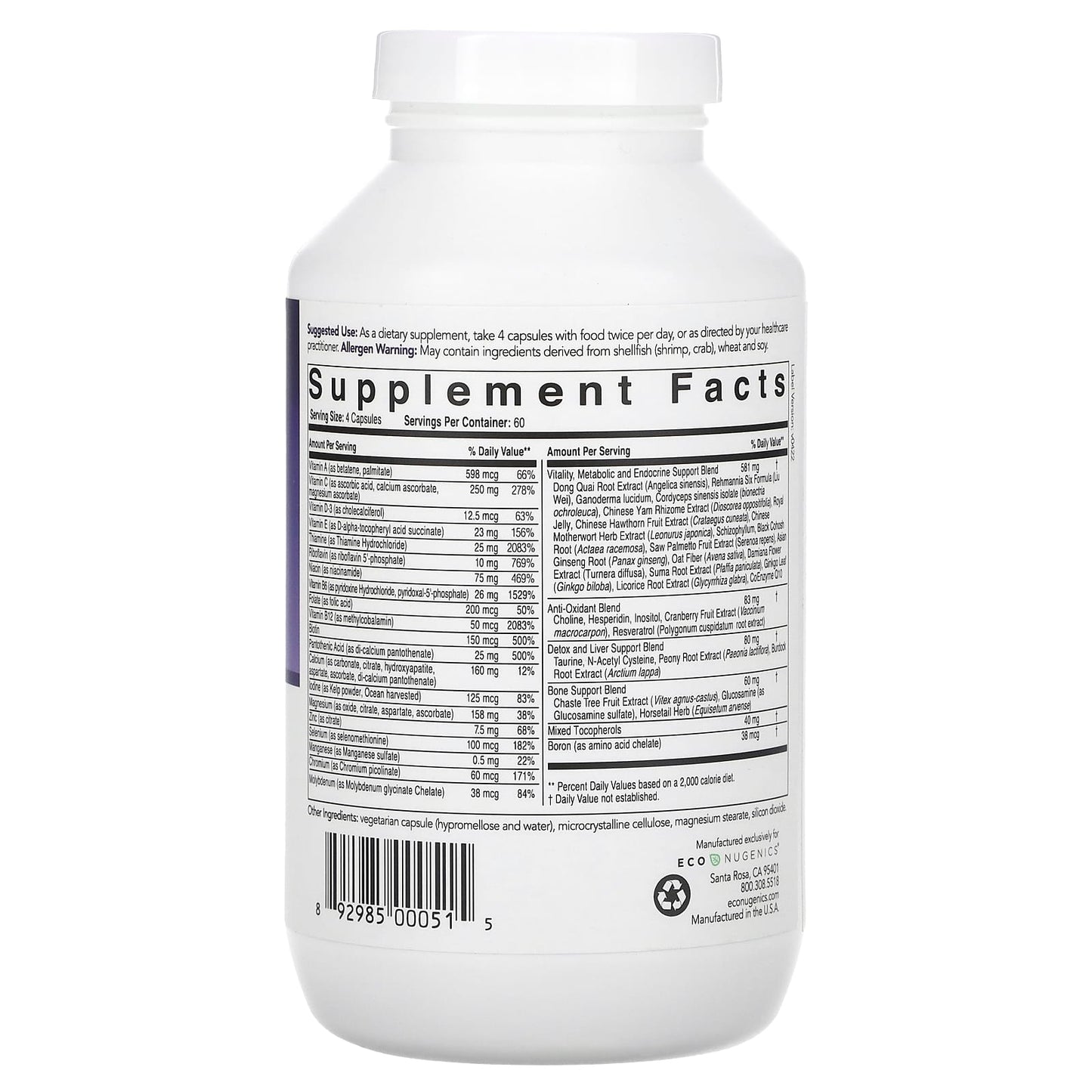 Econugenics, 50+ Women's Daily, 240 Vegetarian Capsules UPC 892985000515 | HiLife Vitamins