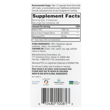 Enzymedica, Betaine HCl, 120 Capsules UPC 670480100813 | HiLife Vitamins