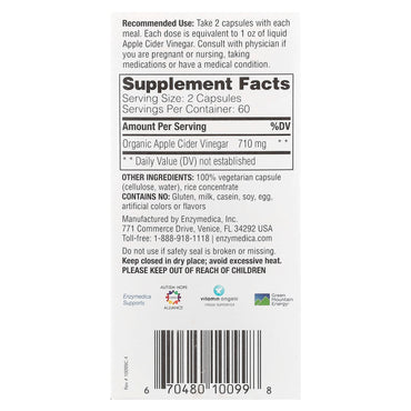 Enzymedica, Apple Cider Vinegar, 120 Capsules UPC 670480100998 | HiLife Vitamins