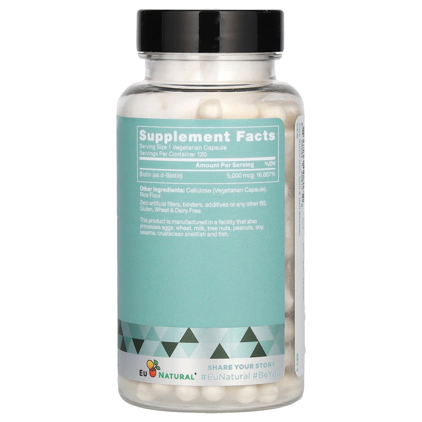 EU Natural, Pure Biotin, 5,000 mcg, 120 Vegetarian Capsules UPC 855244008172 | HiLife Vitamins