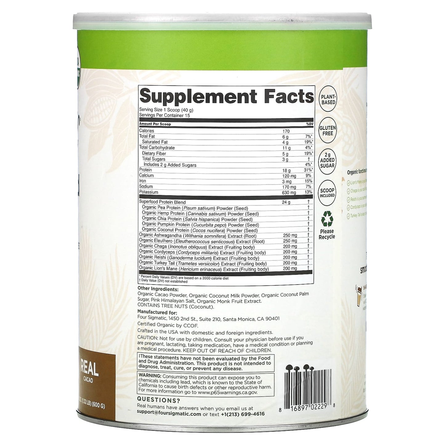 FOUR SIGMA FOODS, INC., Plant-Based Protein w/ Superfoods Creamy Cacao Can, 21.16 Oz UPC 816897022298 | Hilife Vitamins