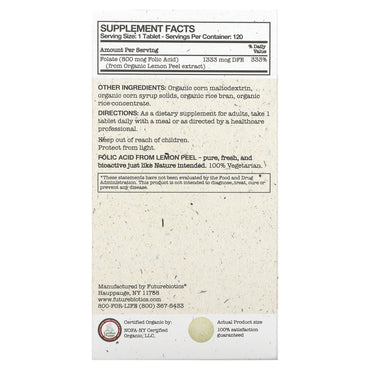 Futurebiotics, Folic Acid - Certified Organic, 120 Tablets UPC 049479035182 | Hilife Vitamins