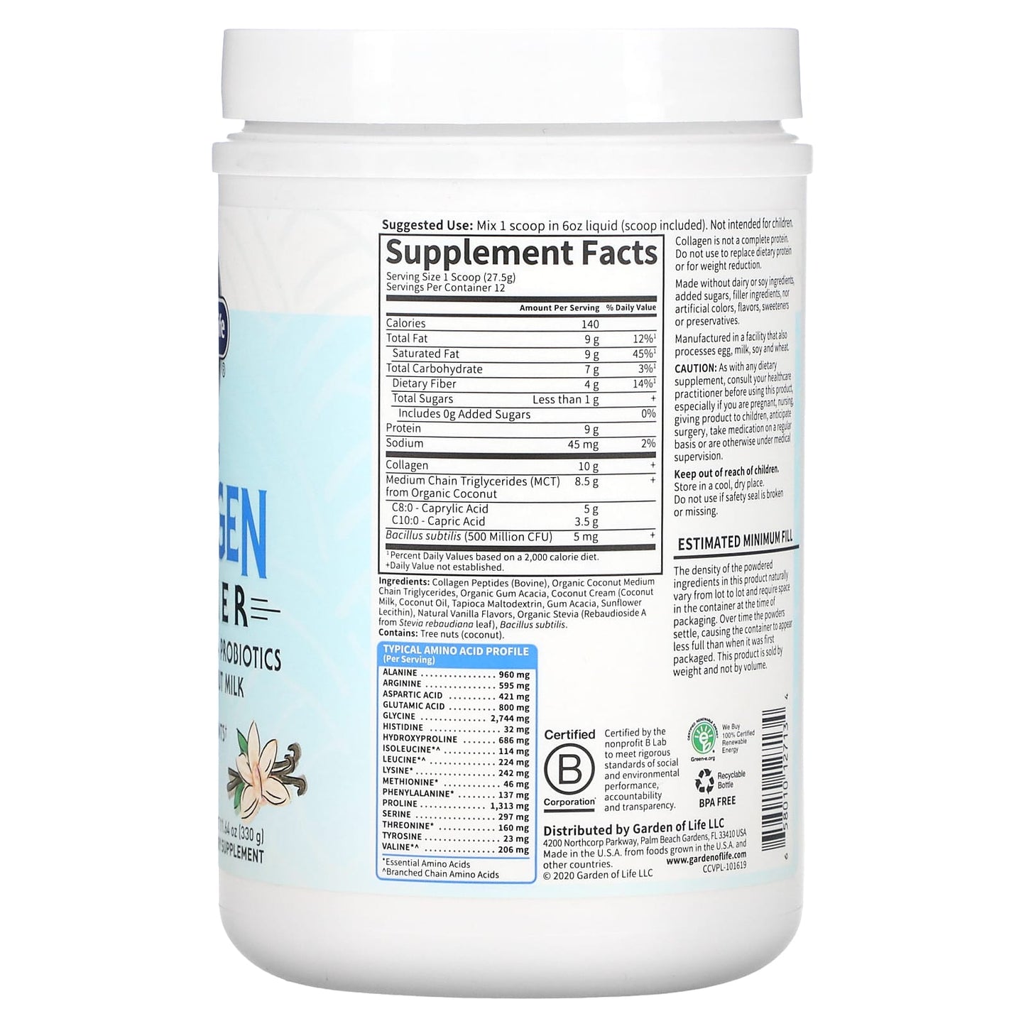 Garden of Life, Grass Fed Collagen Creamer Vanilla, 330 grams powder UPC 658010127134 | HiLife Vitamins
