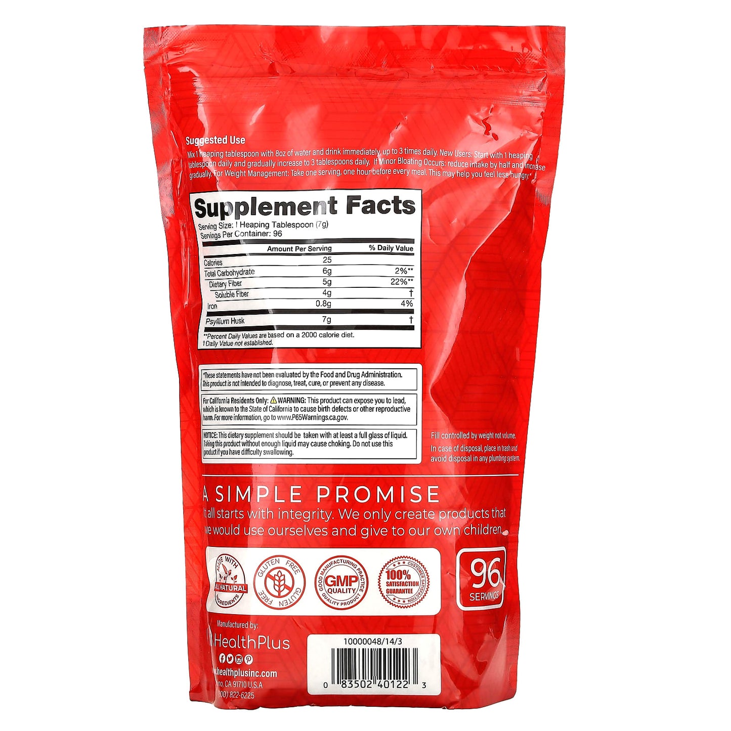 Health Plus, 100% Pure Psyllium Husks Plastic Bag, 24 Oz UPC 083502401223 | Hilife Vitamins