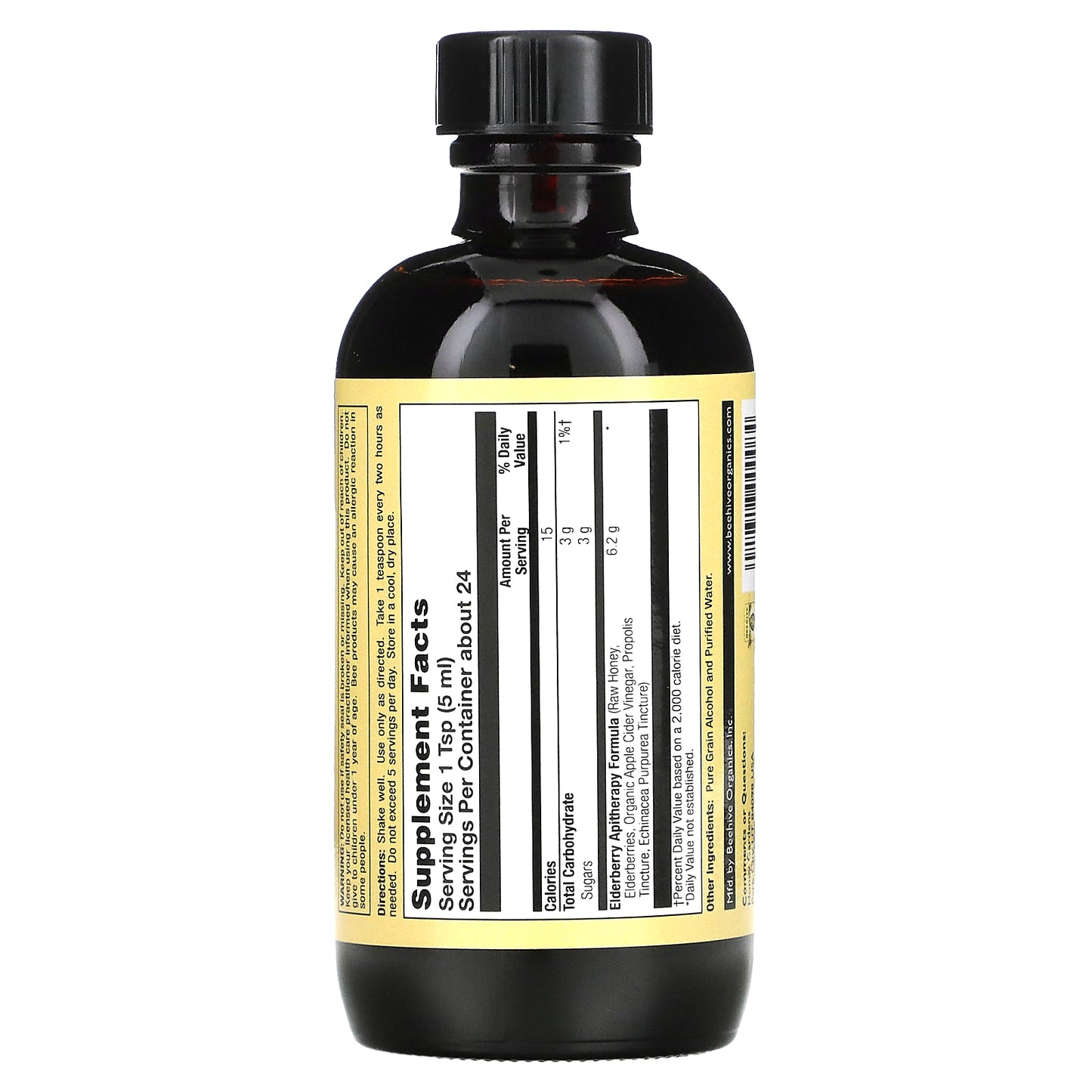 Honey Gardens Apiaries, Elderberry Syrup with Apitherapy Raw Honey, Organic Apple Cider Vinegar, and Propolis, 4 Oz Syrup UPC 022318000084 | HiLife Vitamins