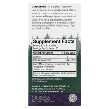 Host Defense, Lion's Mane, Memory & Nerve Support, 120 Vegetarian Capsules UPC 633422031637 | HiLife Vitamins