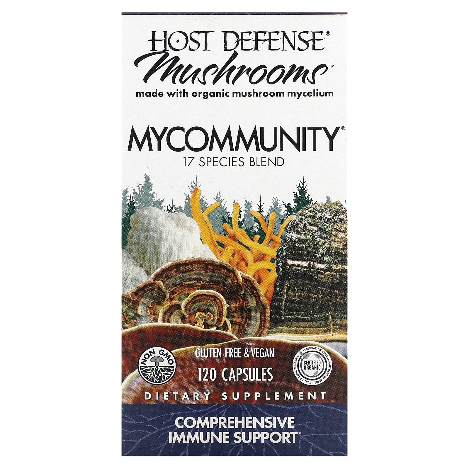 Host Defense, Mushrooms, MyCommunity 17 Species Blend, 120 Vegetarian Capsules UPC 633422038131 | HiLife Vitamins