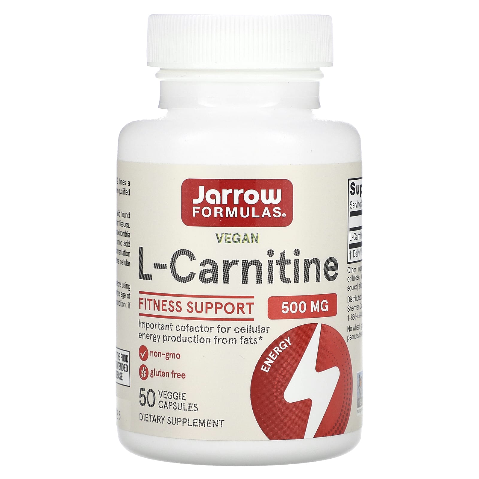 Jarrow Formulas, L-Carnitine 500, 500 mg, 50 Capsules UPC 790011020011 | HiLife Vitamins