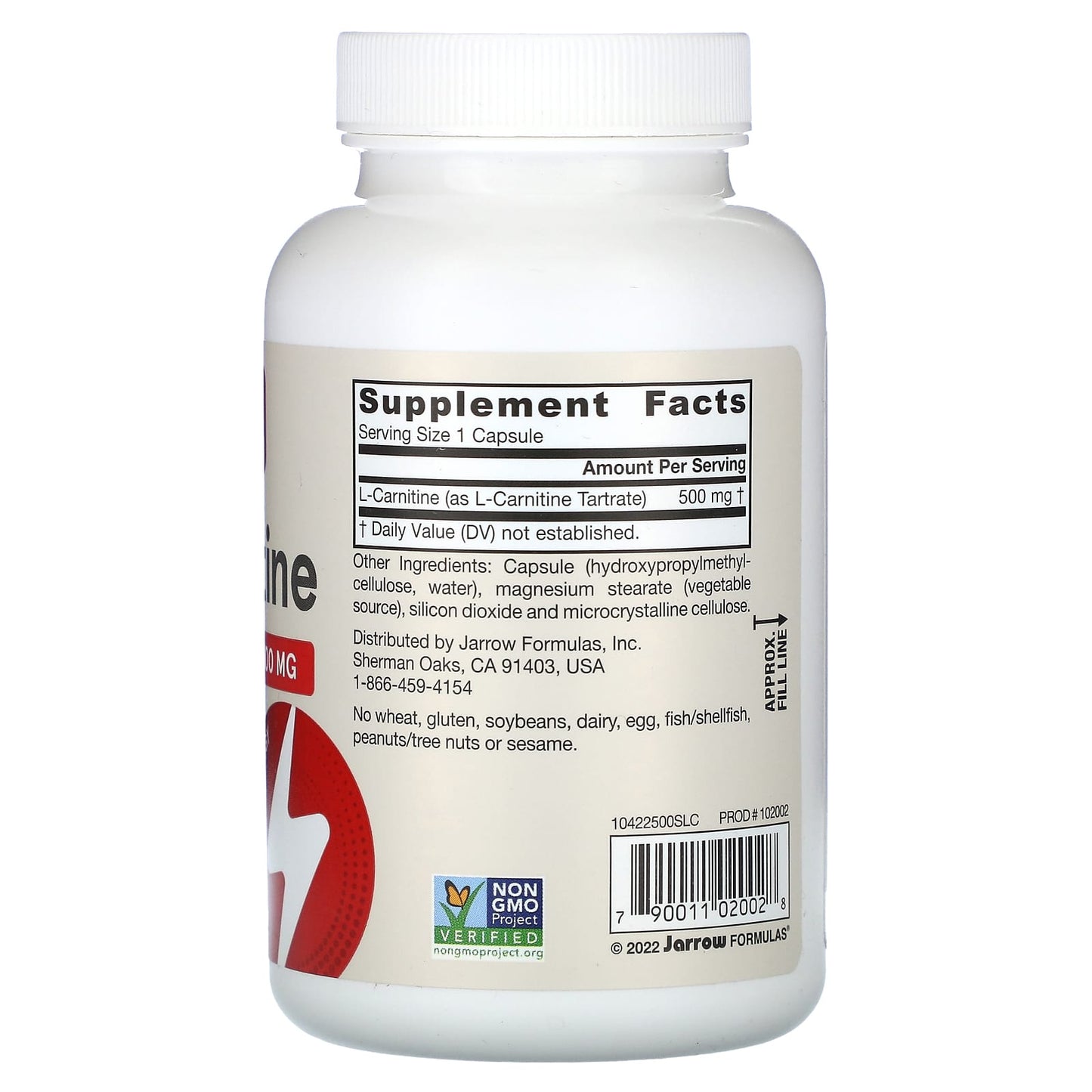 Jarrow Formulas, L-Carnitine, 500 mg, 100 Capsules UPC 790011020028 | HiLife Vitamins