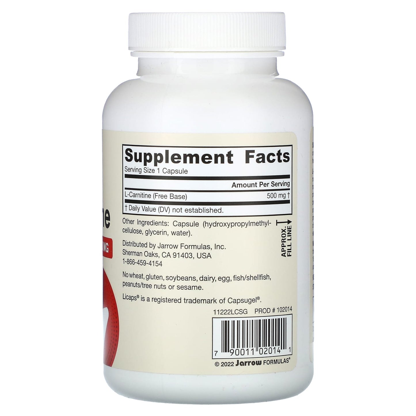 Jarrow Formulas, L-Carnitine 500, 500 mg, 100 Veggie Caps UPC 790011020141 | HiLife Vitamins