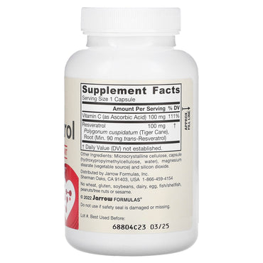 Jarrow Formulas, Resveratrol, 100 mg, 120 Veggie Caps UPC 790011140849 | HiLife Vitamins