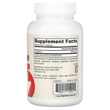 Jarrow Formulas, L-Tyrosine, 500 mg, 100 Capsules UPC 790011150015 | HiLife Vitamins