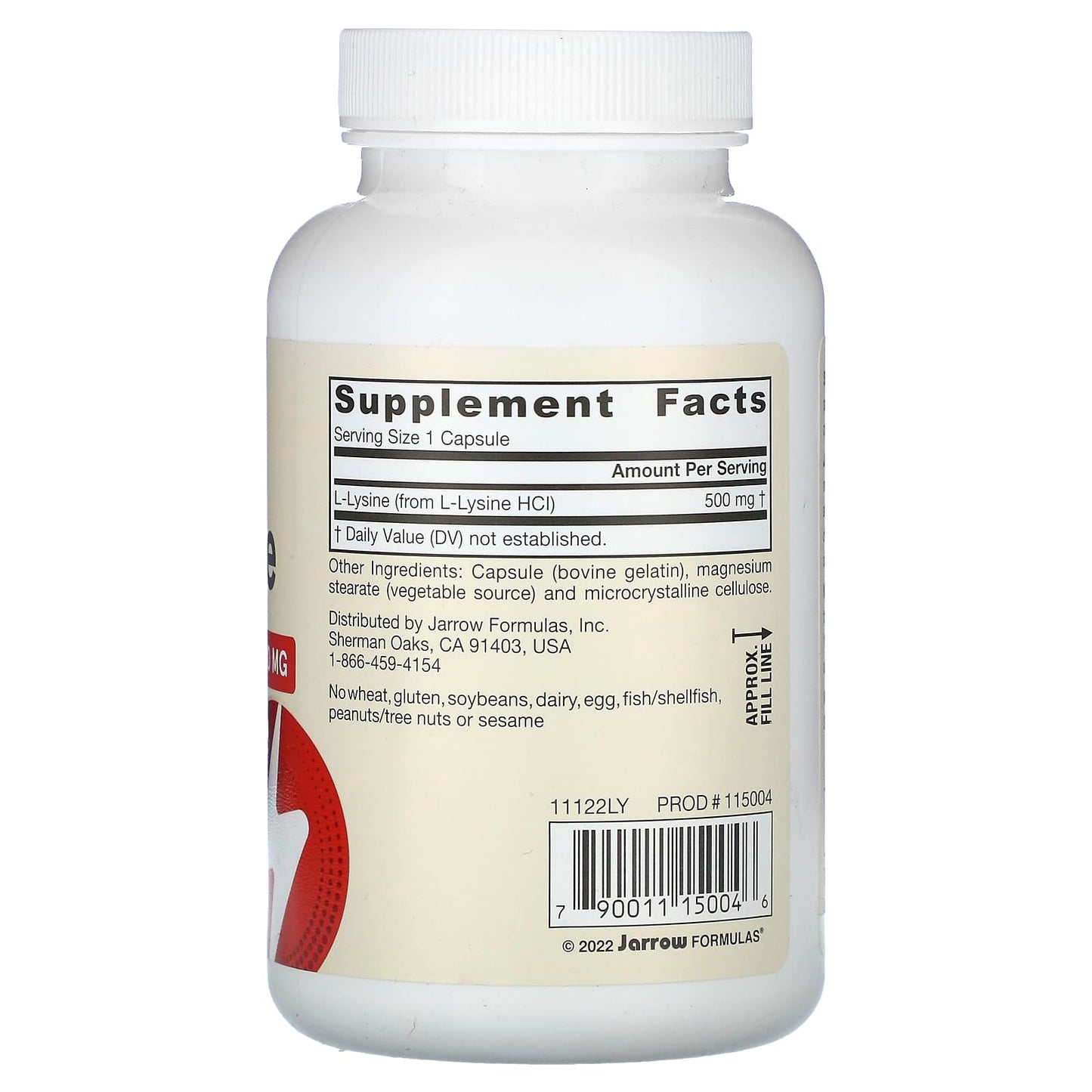 Jarrow Formulas, L-Lysine, 500 mg, 100 Capsules UPC 790011150046 | HiLife Vitamins