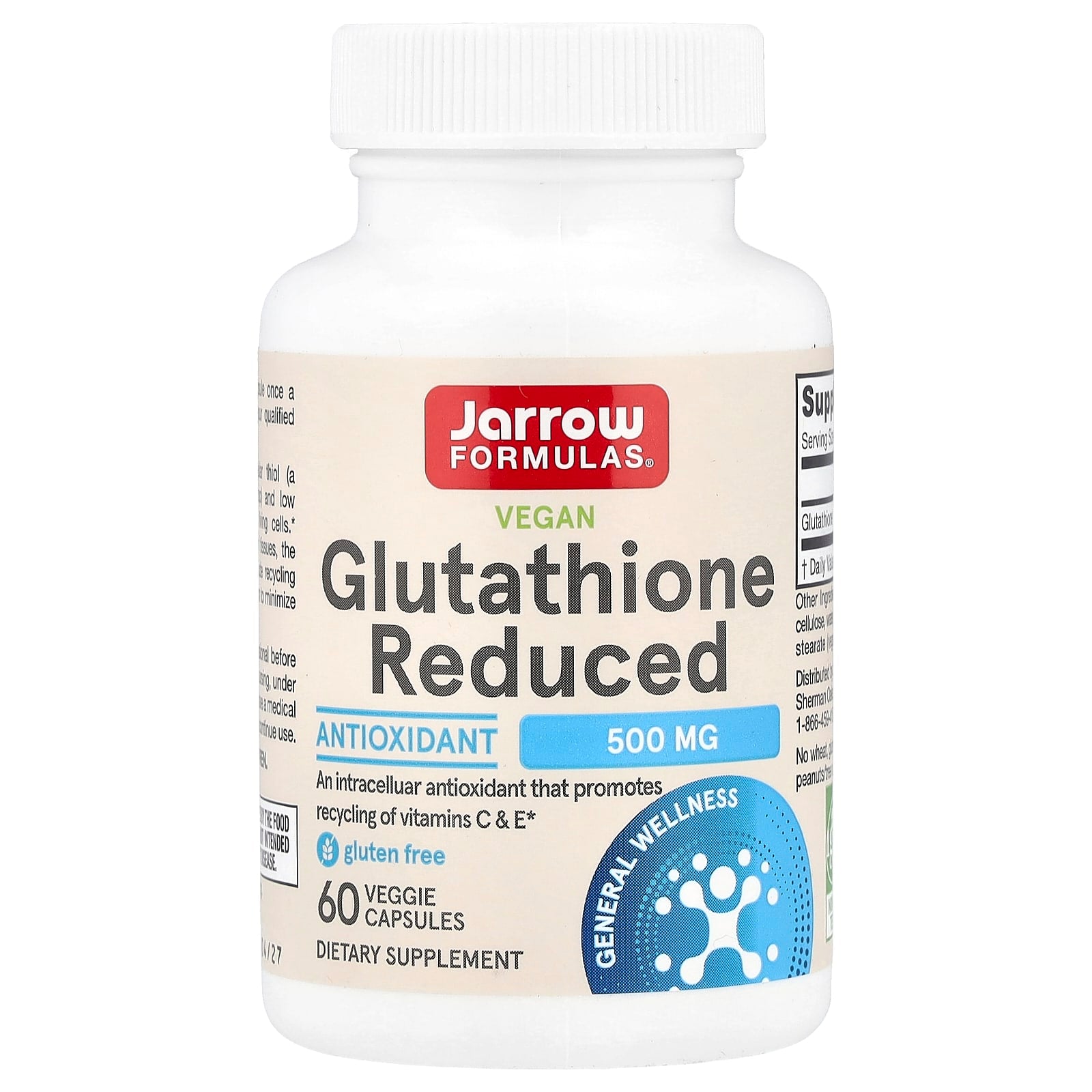 Jarrow Formulas, Glutathione Reduced, 500 mg, 60 Veggie Caps UPC 790011150398 | HiLife Vitamins