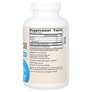 Jarrow Formulas, Coconut Oil, Extra Virgin, 1,000 mg, 120 Softgels UPC 790011160472 | HiLife Vitamins