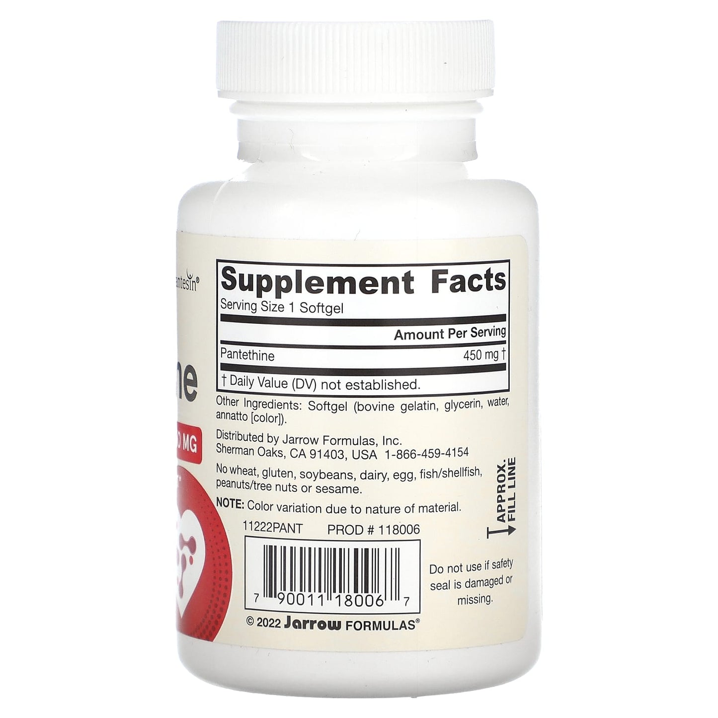 Jarrow Formulas, Pantethine, 450 mg, 60 Softgels UPC 790011180067 | HiLife Vitamins