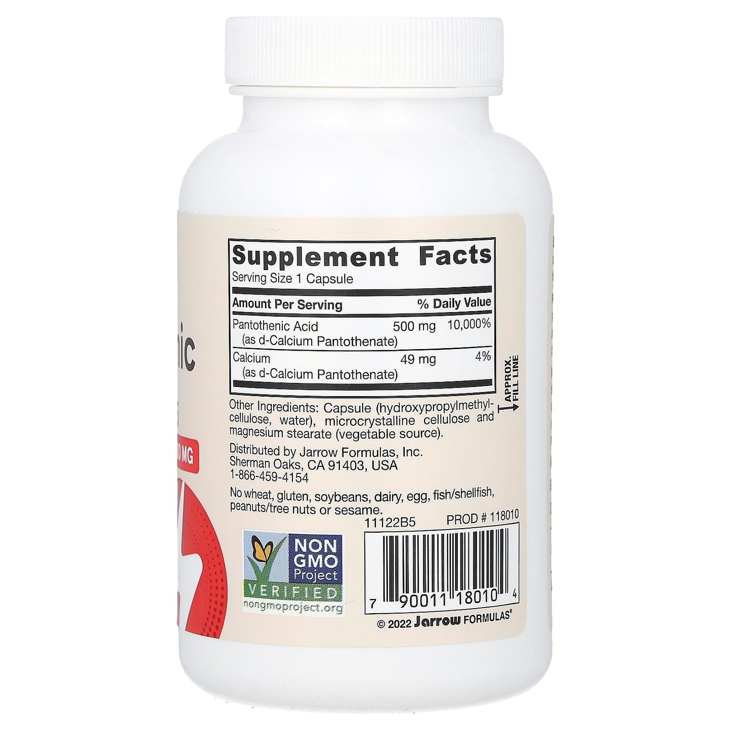 Jarrow Formulas, Pantothenic Acid B5, 500 mg, 100 Capsules UPC 790011180104 | HiLife Vitamins