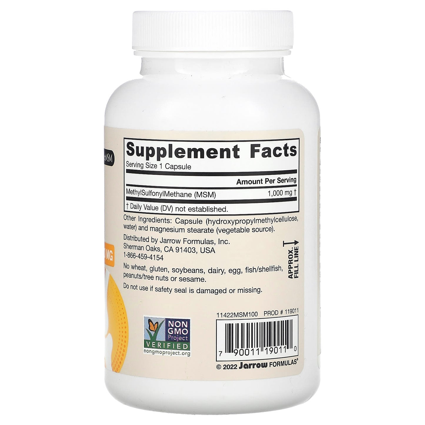 Jarrow Formulas, MSM, 1,000 mg, 100 Veggie Caps UPC 790011190110 | HiLife Vitamins