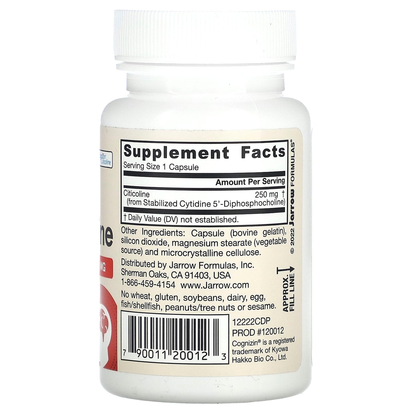 Jarrow Formulas, Citicoline, CDP Choline, 250 mg, 60 Capsules UPC 790011200123 | HiLife Vitamins