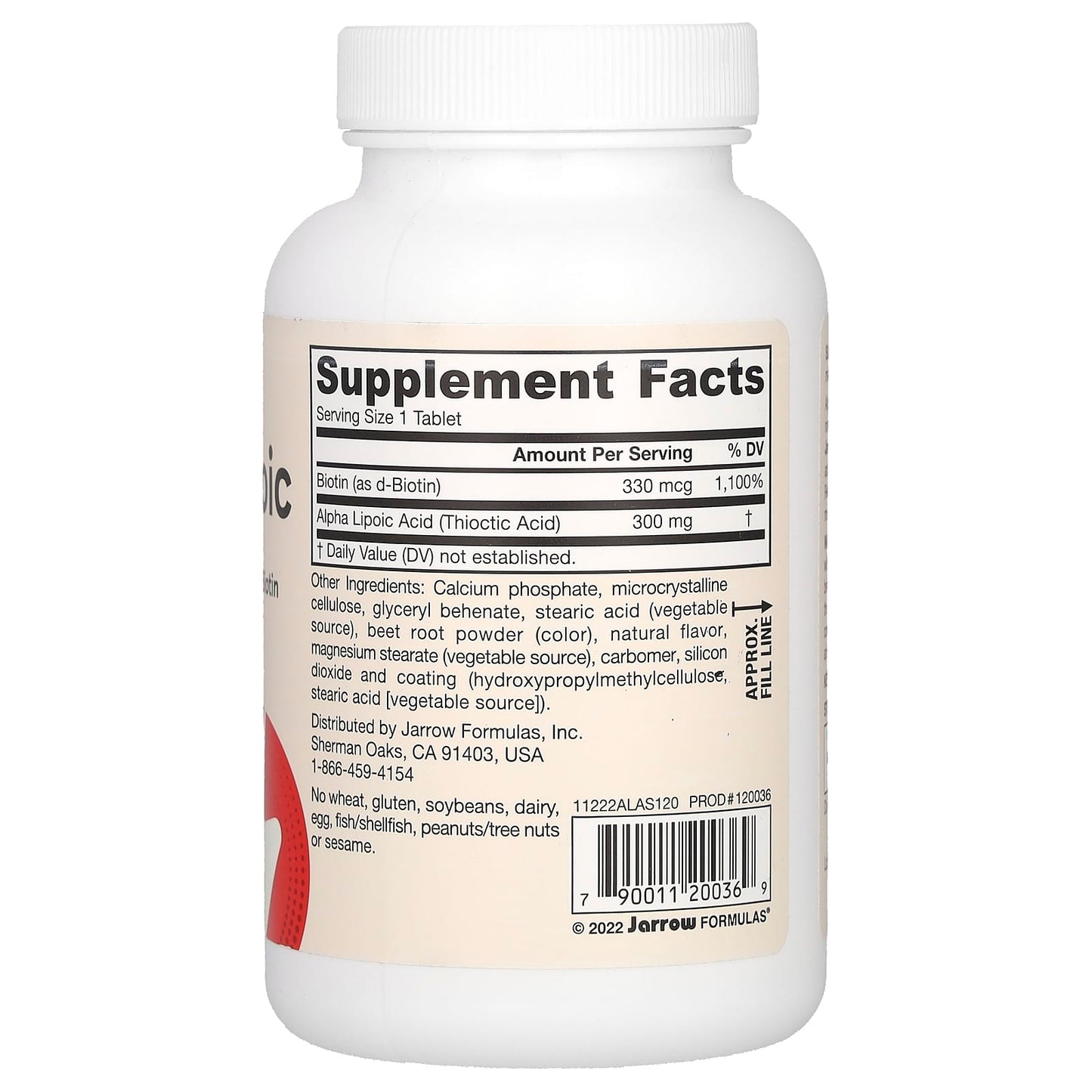 Jarrow Formulas, Alpha Lipoic Sustain with Biotin, 120 Tablets UPC 790011200369 | HiLife Vitamins