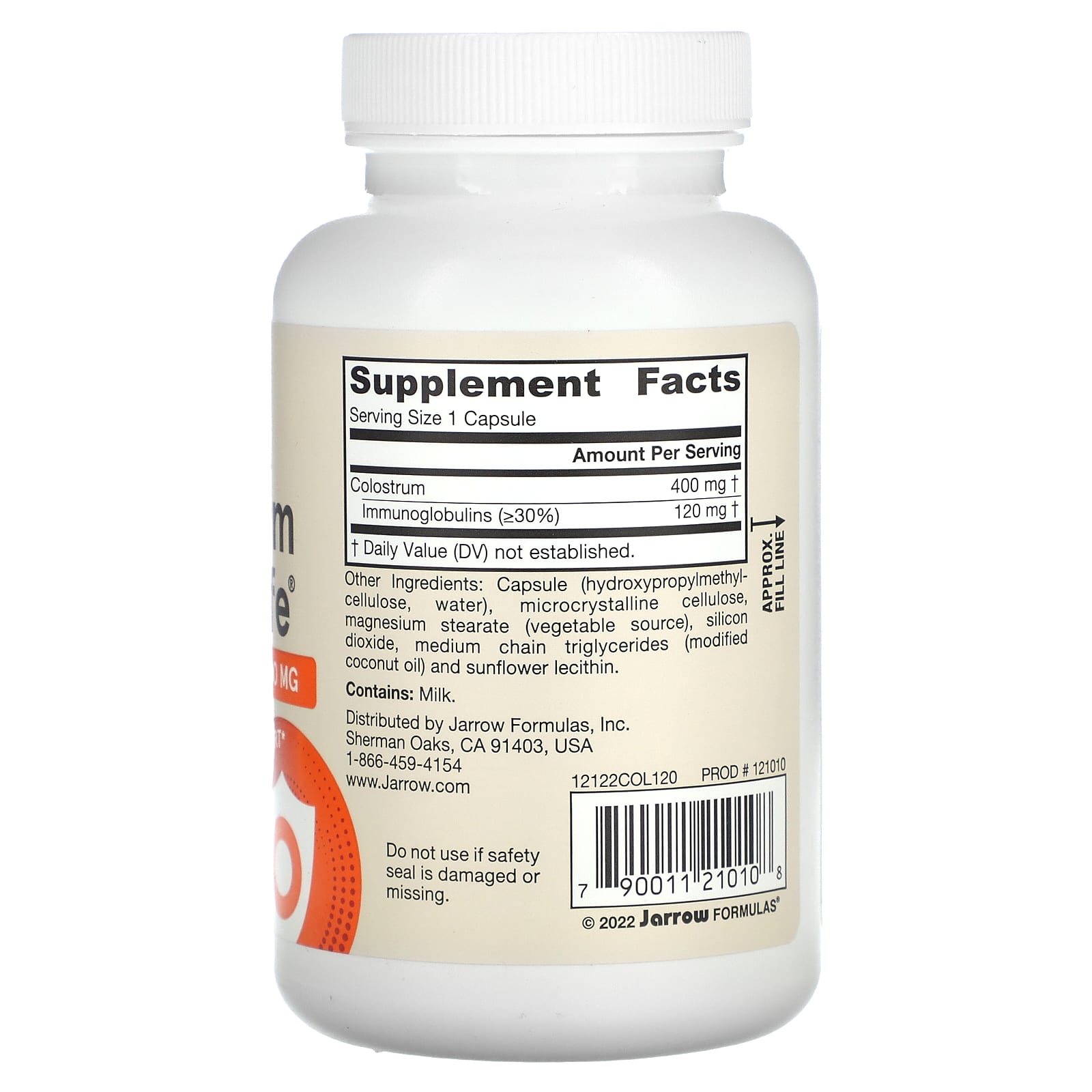Jarrow Formulas, Colostrum Prime Life, 400 mg, 120 Capsules UPC 790011210108 | HiLife Vitamins