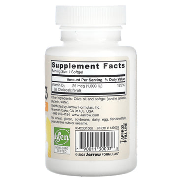 Jarrow Formulas, Vitamin D3, Cholecalciferol, 25 mcg (1,, 100 Softgels UPC 790011300038 | HiLife Vitamins
