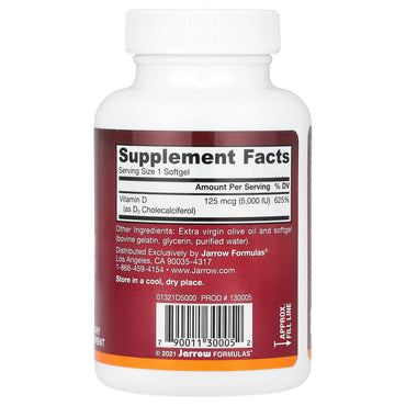 Jarrow Formulas, Vitamin D3, Cholecalciferol, 125 mcg (5, 100 Softgels UPC 790011300052 | HiLife Vitamins