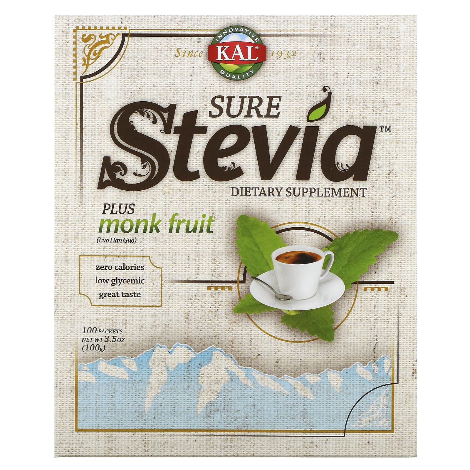 Kal, Sure Stevia, Plus Monk Fruit, 100 Packets, 3.5 oz (100 g) UPC 021245103264 | HiLife Vitamins