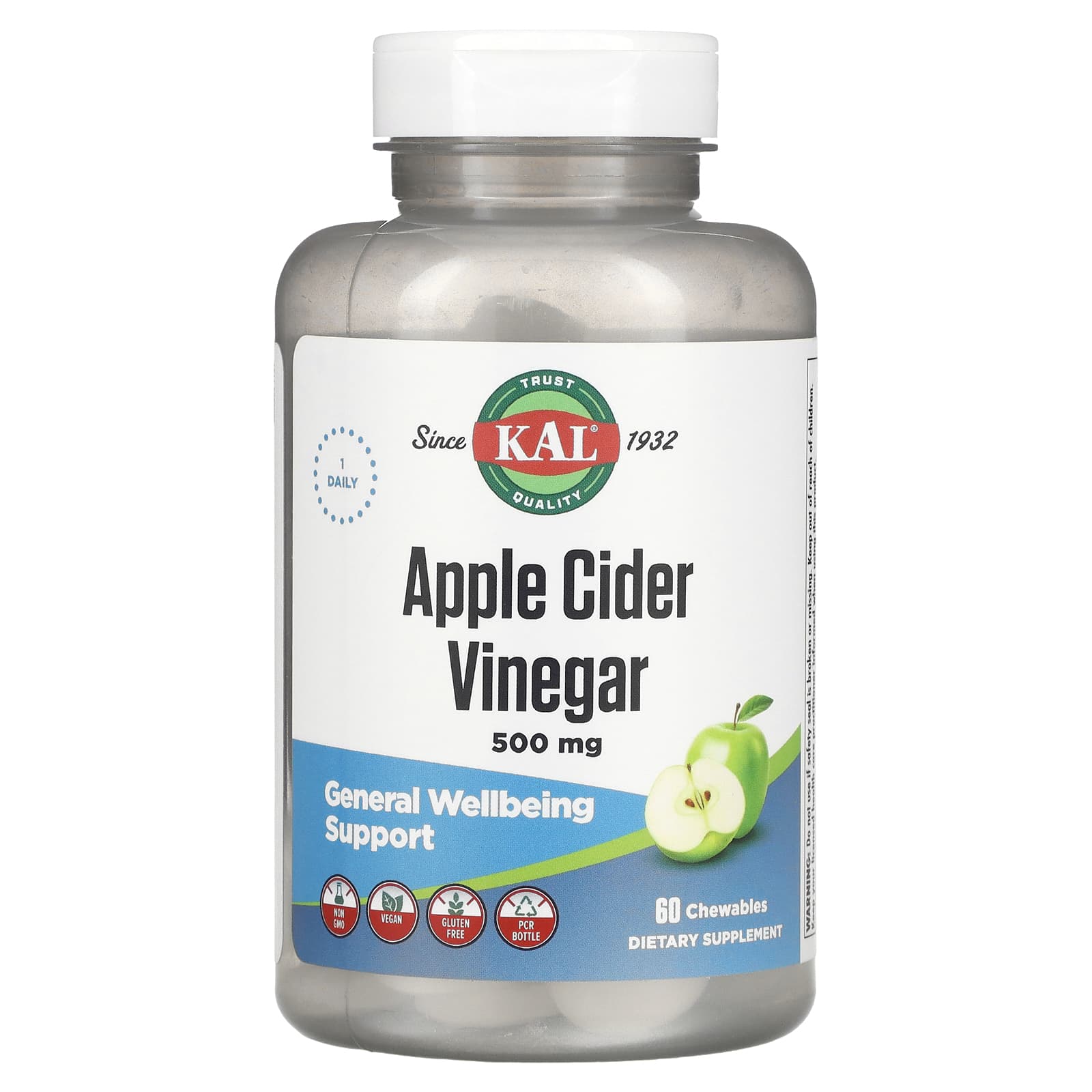 Kal, Apple Cider Vinegar Green Apple 500 mg, 60 Chewables UPC 021245518655 | HiLife Vitamins