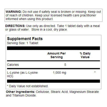 Kal, L-Lysine, 1,000 mg, 100 Tablets UPC 021245805144 | Hilife Vitamins