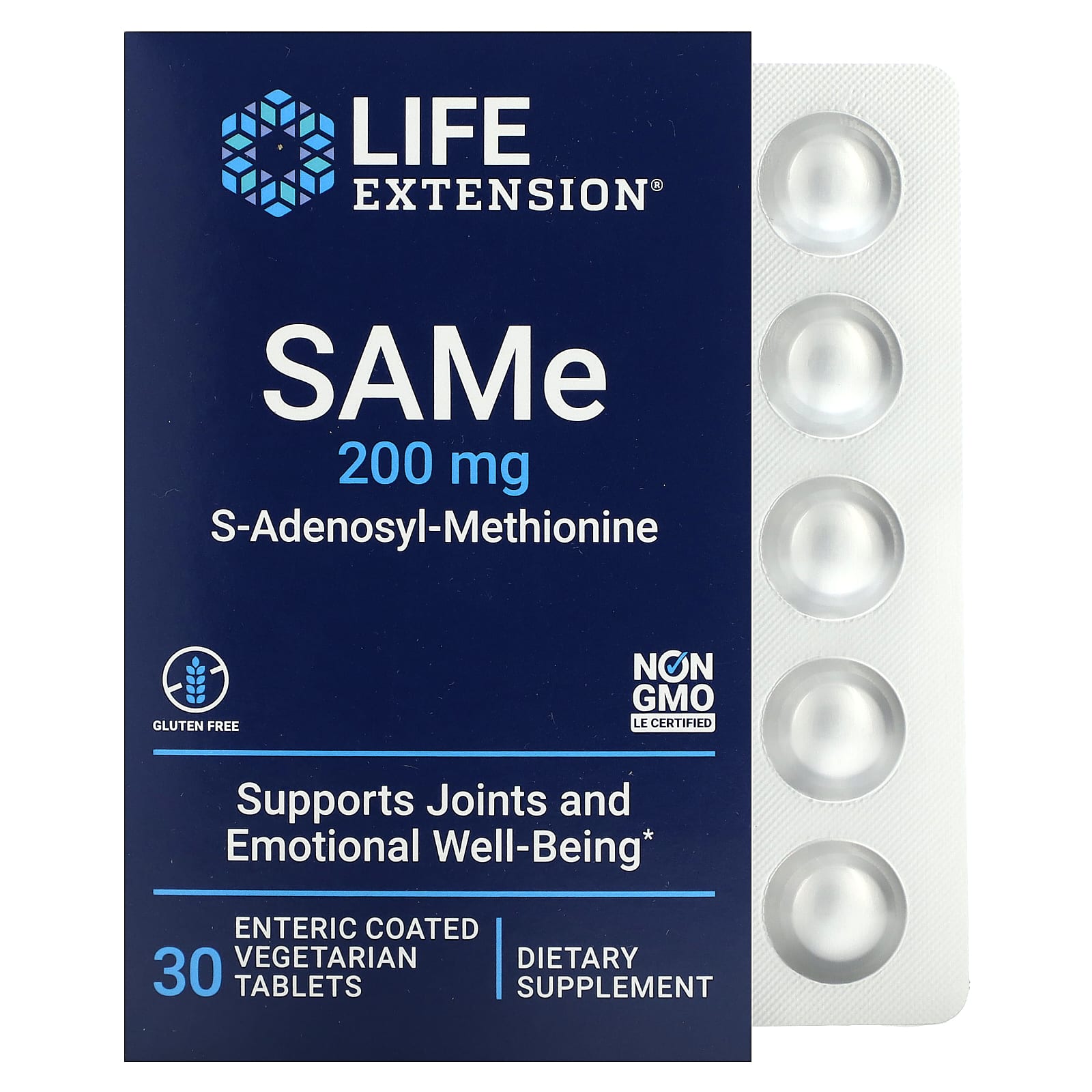 Life Extension, SAMe S-Adenosyl-Methionine, 200 mg, 30 Enteric Coated Tablets UPC 737870217534 | HiLife Vitamins