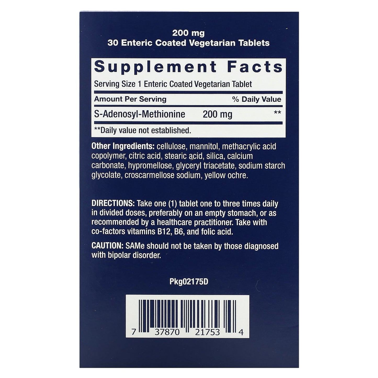 Life Extension, SAMe S-Adenosyl-Methionine, 200 mg, 30 Enteric Coated Tablets UPC 737870217534 | HiLife Vitamins